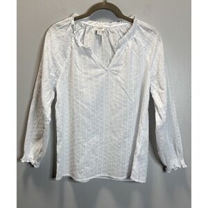 J.Crew Re-Imagined Blouse XS White Swiss Dot Ruffle Neck/Sleeve Cotton Top